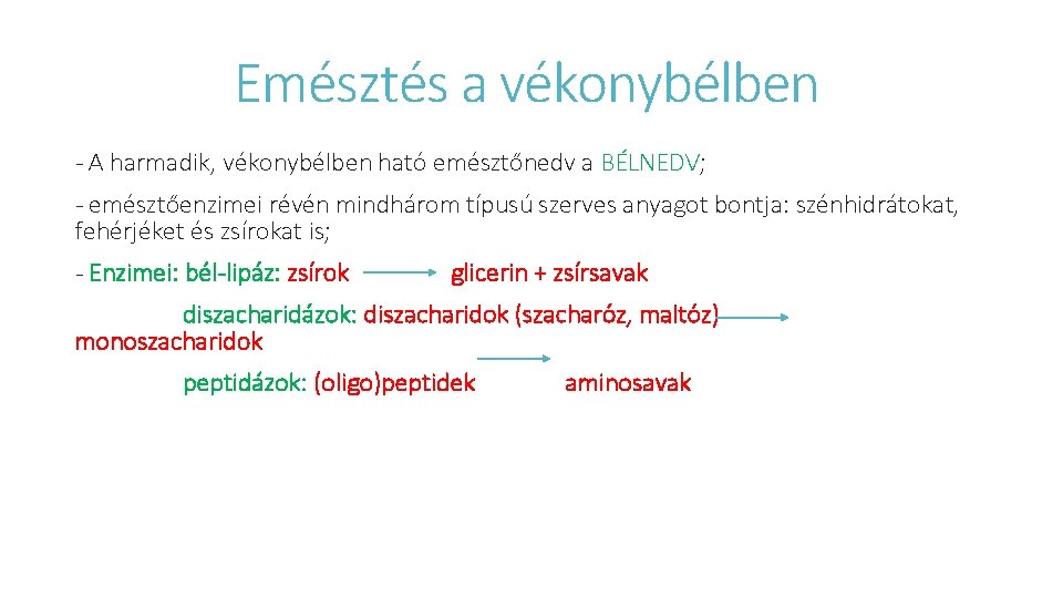 Emésztés a vékonybélben - A harmadik, vékonybélben ható emésztőnedv a BÉLNEDV; - emésztőenzimei révén