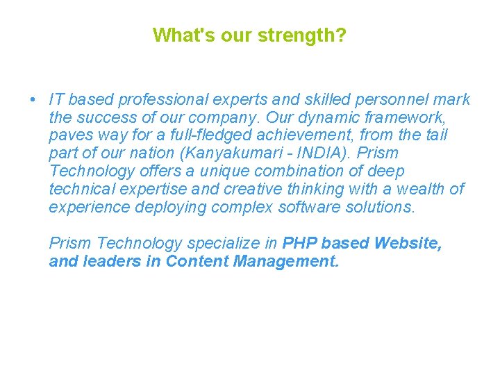 What's our strength? • IT based professional experts and skilled personnel mark the success