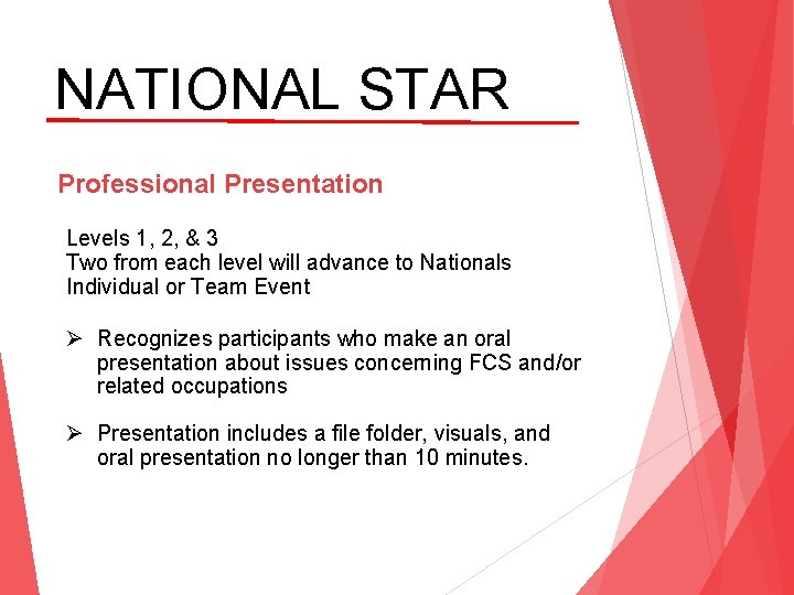 NATIONAL STAR Professional Presentation Levels 1, 2, & 3 Two from each level will