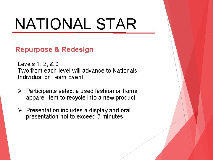 NATIONAL STAR Repurpose & Redesign Levels 1, 2, & 3 Two from each level