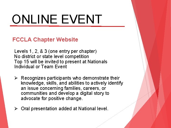 ONLINE EVENT FCCLA Chapter Website Levels 1, 2, & 3 (one entry per chapter)