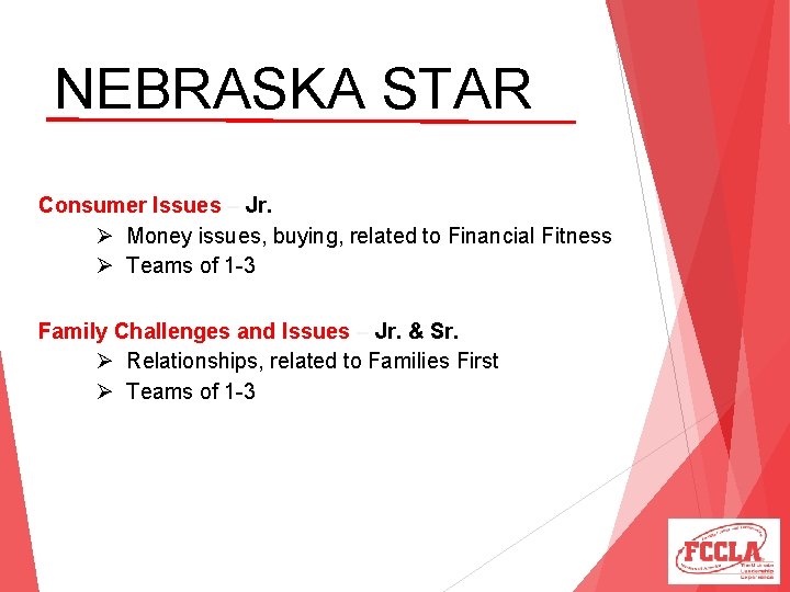 NEBRASKA STAR Consumer Issues – Jr. Ø Money issues, buying, related to Financial Fitness