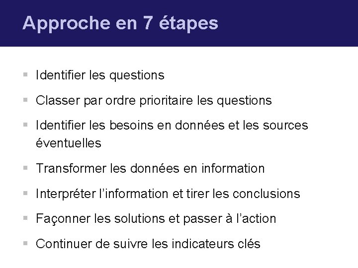 Approche en 7 étapes § Identifier les questions § Classer par ordre prioritaire les