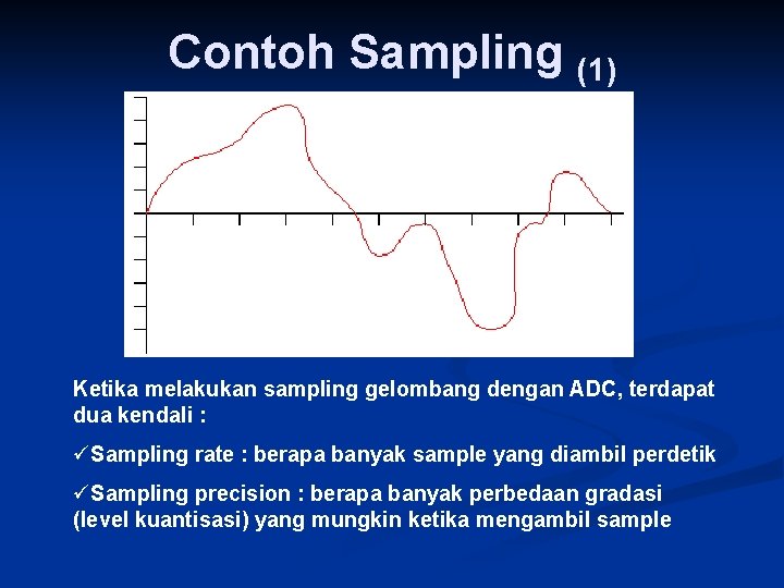 Contoh Sampling (1) Ketika melakukan sampling gelombang dengan ADC, terdapat dua kendali : üSampling