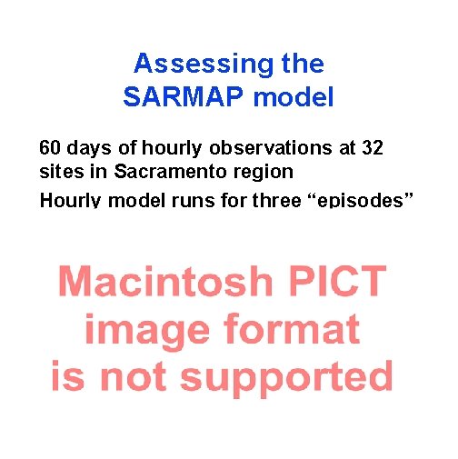 Assessing the SARMAP model 60 days of hourly observations at 32 sites in Sacramento