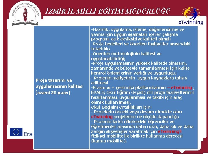 İZMİR İL MİLLİ EĞİTİM MÜDÜRLÜĞÜ Proje tasarımı ve uygulamasının kalitesi (azami 20 puan) -Hazırlık,