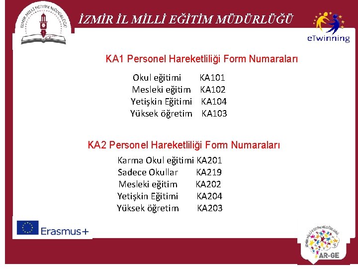 İZMİR İL MİLLİ EĞİTİM MÜDÜRLÜĞÜ KA 1 Personel Hareketliliği Form Numaraları Okul eğitimi Mesleki