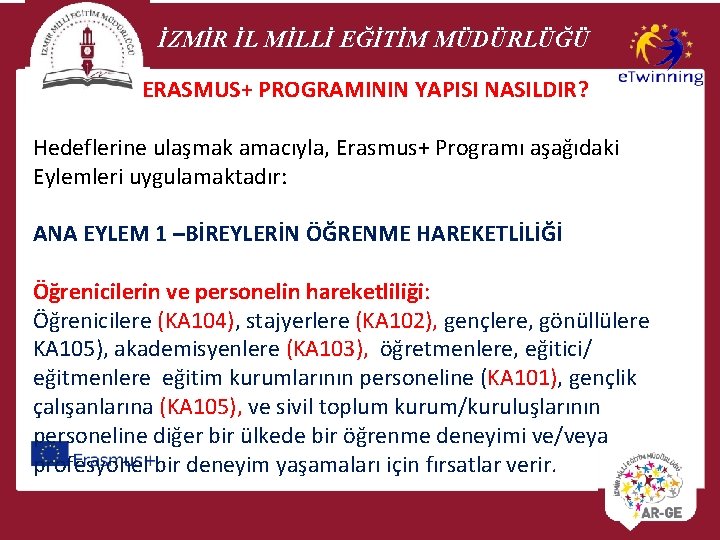 İZMİR İL MİLLİ EĞİTİM MÜDÜRLÜĞÜ ERASMUS+ PROGRAMININ YAPISI NASILDIR? Hedeflerine ulaşmak amacıyla, Erasmus+ Programı