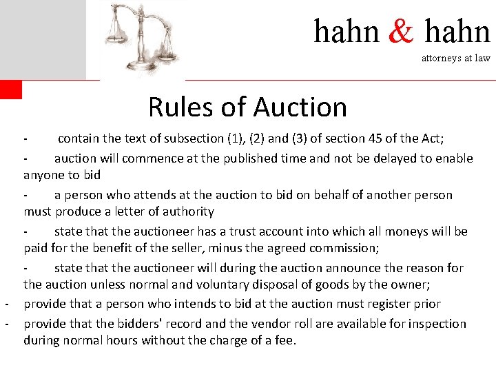 hahn & hahn attorneys at law Rules of Auction - contain the text of