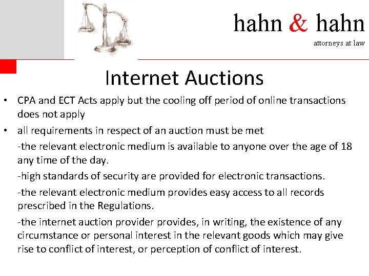 hahn & hahn attorneys at law Internet Auctions • CPA and ECT Acts apply