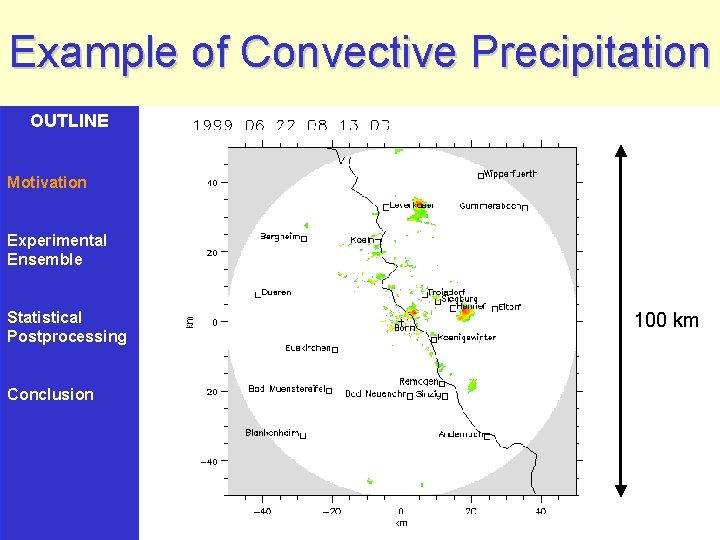 Example of Convective Precipitation OUTLINE Motivation Experimental Ensemble Statistical Postprocessing Conclusion 100 km 