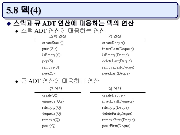 5. 8 덱(4) u 스택과 큐 ADT 연산에 대응하는 덱의 연산 l 스택 ADT