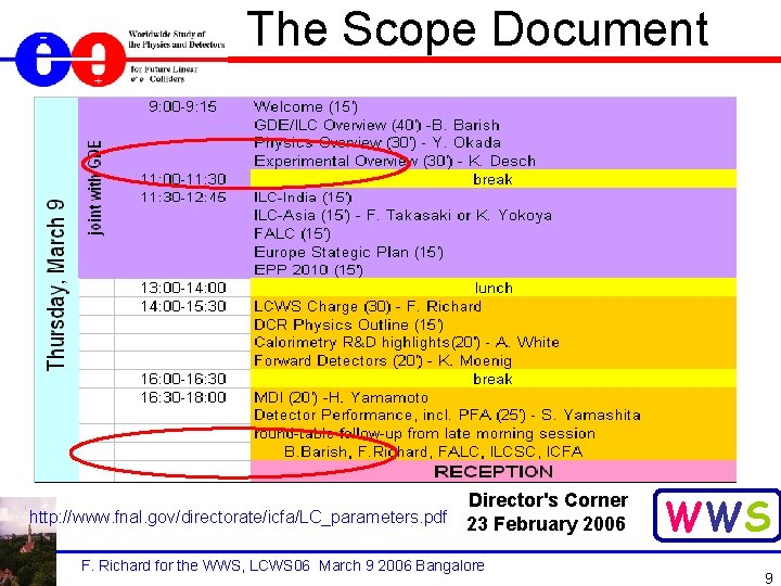 The Scope Document Director's Corner http: //www. fnal. gov/directorate/icfa/LC_parameters. pdf 23 February 2006 F.