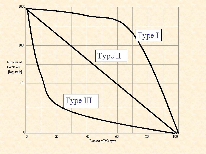 1000 Type I 100 Type II Number of survivors [log scale] 10 Type III