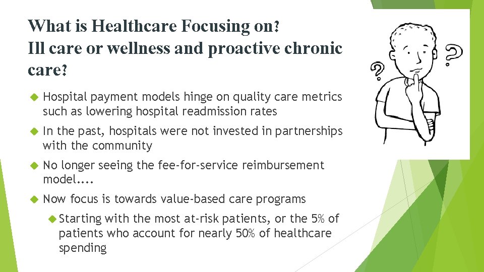 What is Healthcare Focusing on? Ill care or wellness and proactive chronic care? Hospital