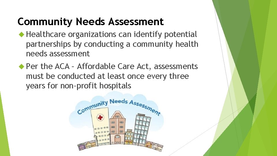 Community Needs Assessment Healthcare organizations can identify potential partnerships by conducting a community health