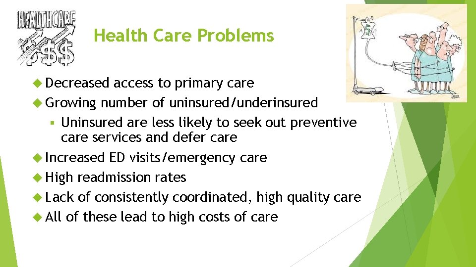 Health Care Problems Decreased access to primary care Growing number of uninsured/underinsured § Uninsured