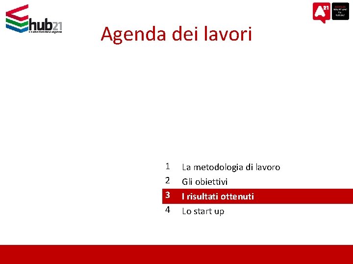 Agenda dei lavori 1 2 3 4 La metodologia di lavoro Gli obiettivi I
