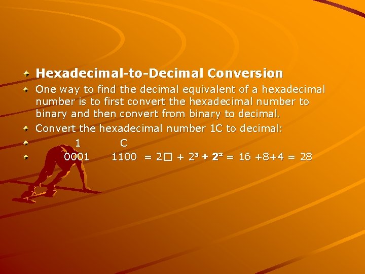 Hexadecimal-to-Decimal Conversion One way to find the decimal equivalent of a hexadecimal number is