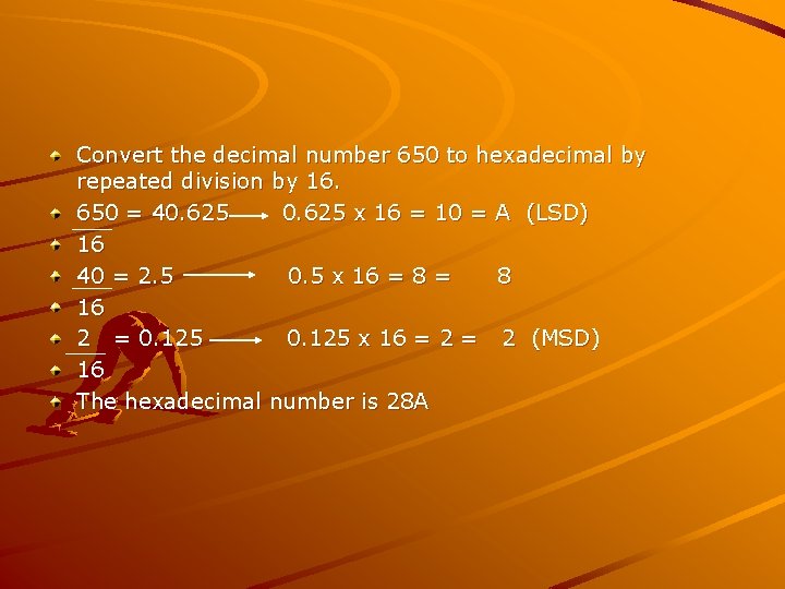 Convert the decimal number 650 to hexadecimal by repeated division by 16. 650 =