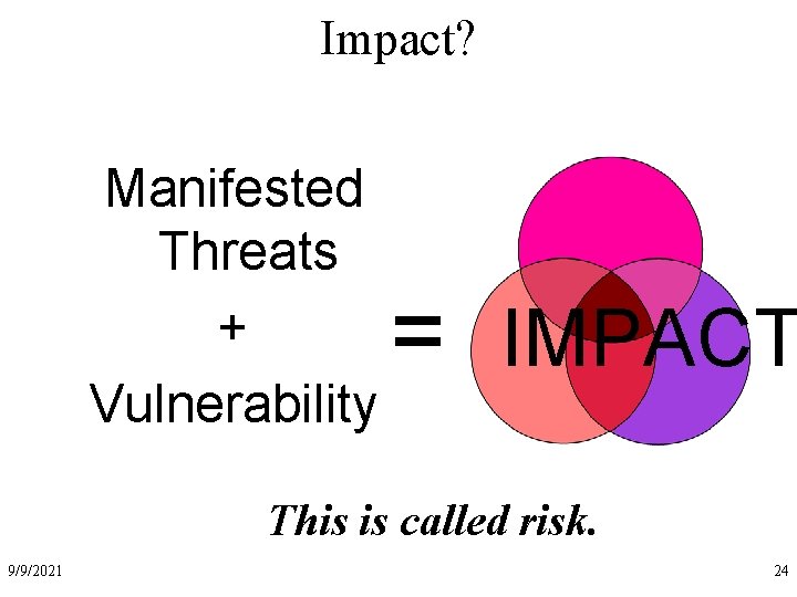 Impact? Manifested Threats + Vulnerability = IMPACT This is called risk. 9/9/2021 24 