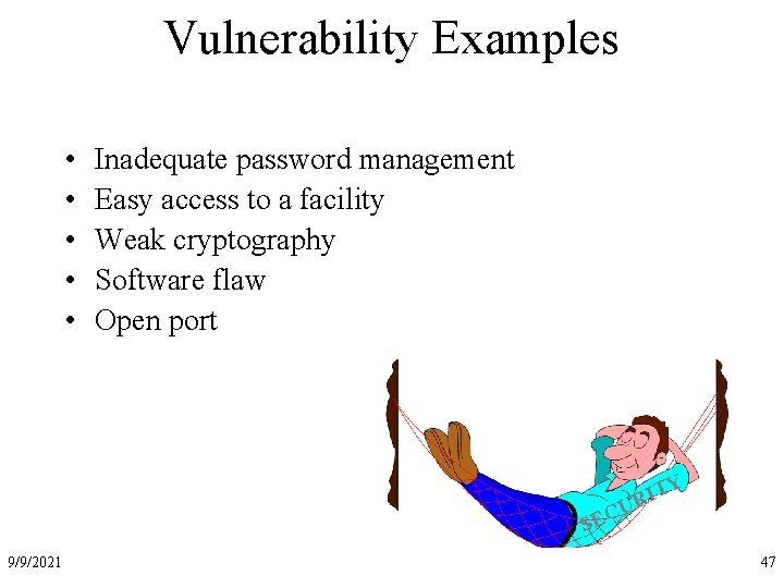 Vulnerability Examples • • • Inadequate password management Easy access to a facility Weak