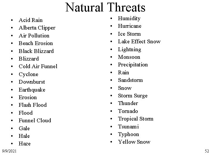 Natural Threats • • • • • 9/9/2021 Acid Rain Alberta Clipper Air Pollution