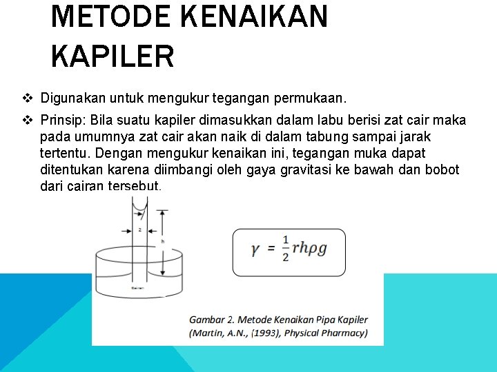 METODE KENAIKAN KAPILER v Digunakan untuk mengukur tegangan permukaan. v Prinsip: Bila suatu kapiler