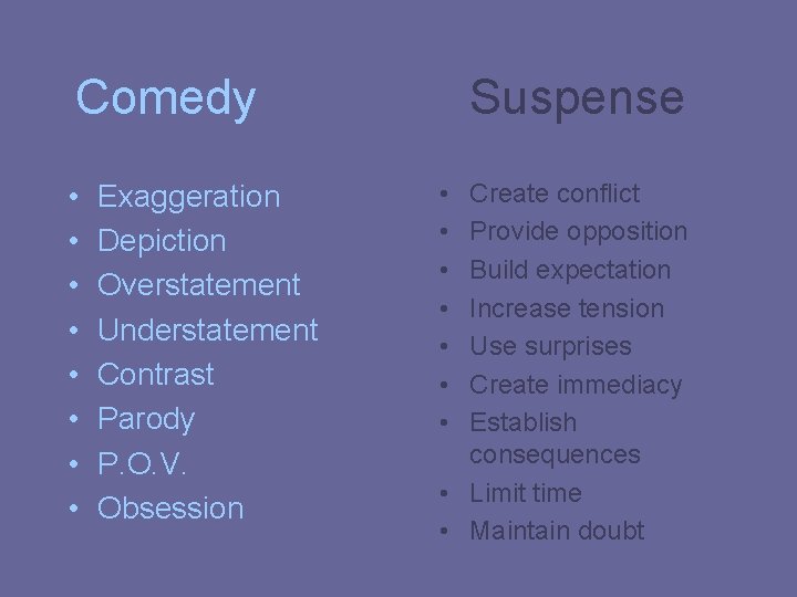 Comedy • • Exaggeration Depiction Overstatement Understatement Contrast Parody P. O. V. Obsession Suspense