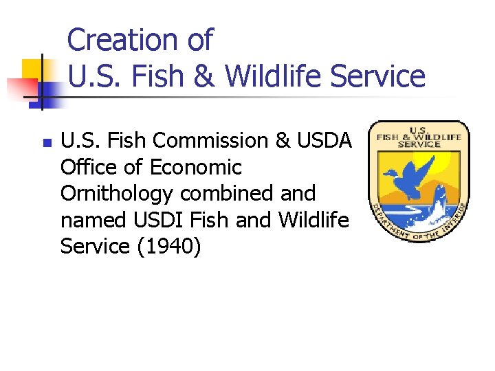 Creation of U. S. Fish & Wildlife Service n U. S. Fish Commission &