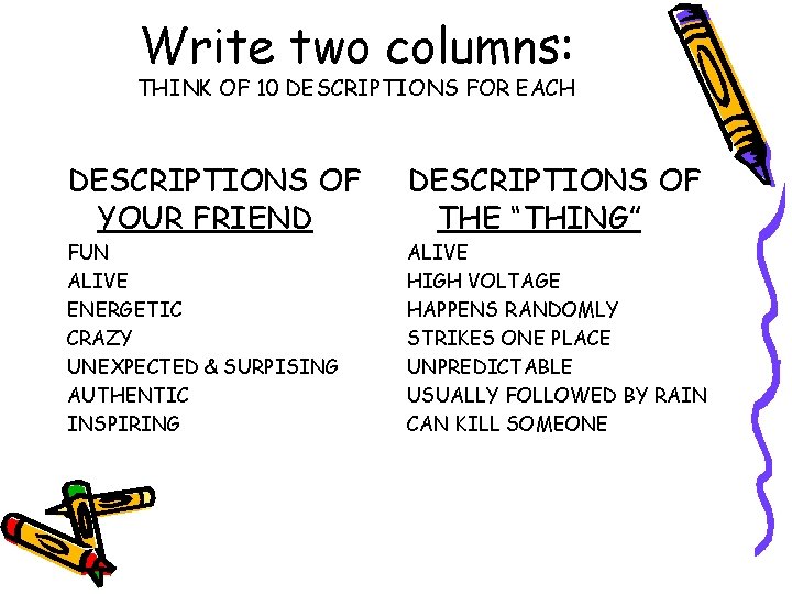 Write two columns: THINK OF 10 DESCRIPTIONS FOR EACH DESCRIPTIONS OF YOUR FRIEND DESCRIPTIONS