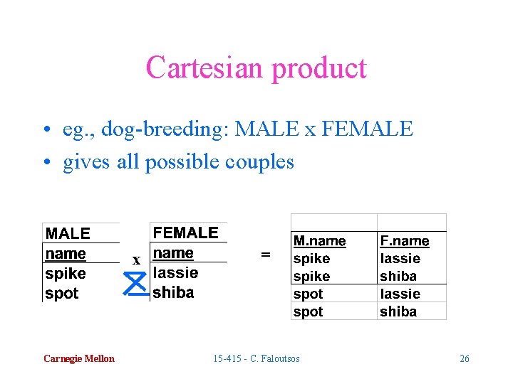 Cartesian product • eg. , dog-breeding: MALE x FEMALE • gives all possible couples