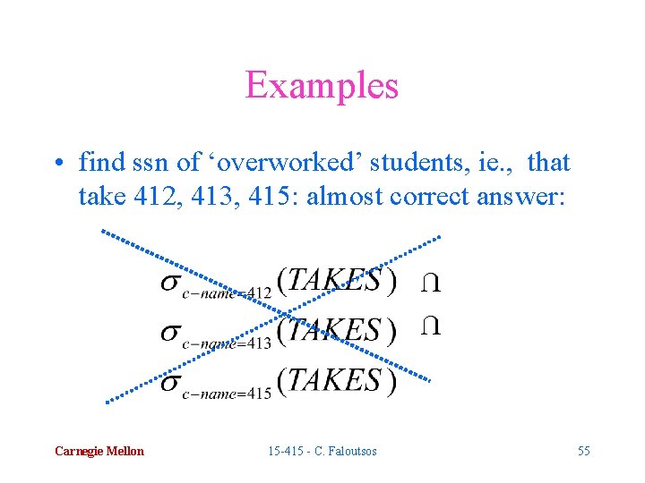 Examples • find ssn of ‘overworked’ students, ie. , that take 412, 413, 415: