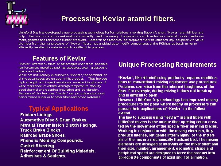 Processing Kevlar aramid fibers. Littleford Day has developed a new processing technology formulations involving