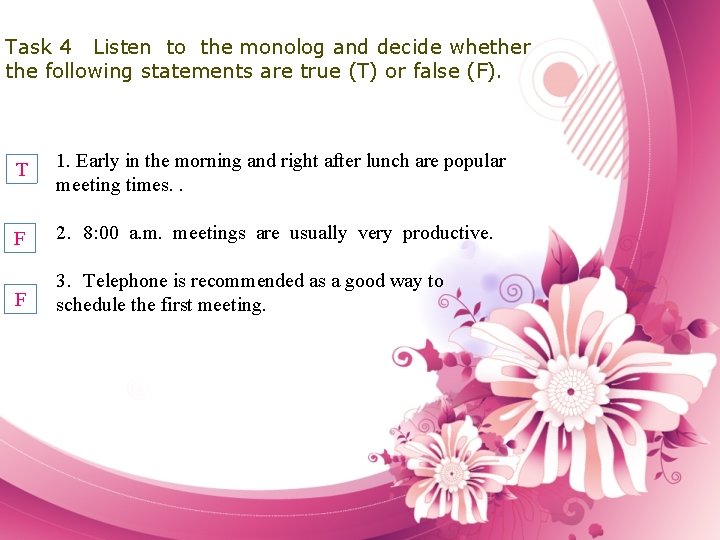 Task 4 Listen to the monolog and decide whether the following statements are true