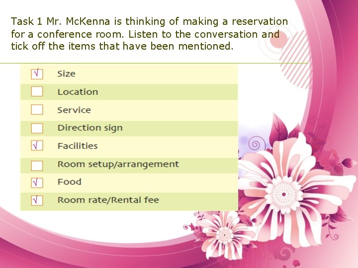 Task 1 Mr. Mc. Kenna is thinking of making a reservation for a conference