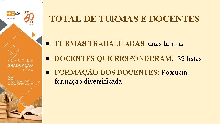 TOTAL DE TURMAS E DOCENTES ● TURMAS TRABALHADAS: duas turmas ● DOCENTES QUE RESPONDERAM: