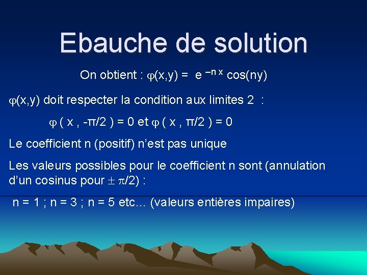 Ebauche de solution On obtient : (x, y) = e –n x cos(ny) (x,