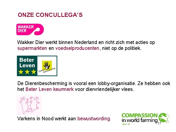 ONZE CONCULLEGA’S Wakker Dier werkt binnen Nederland en richt zich met acties op supermarkten