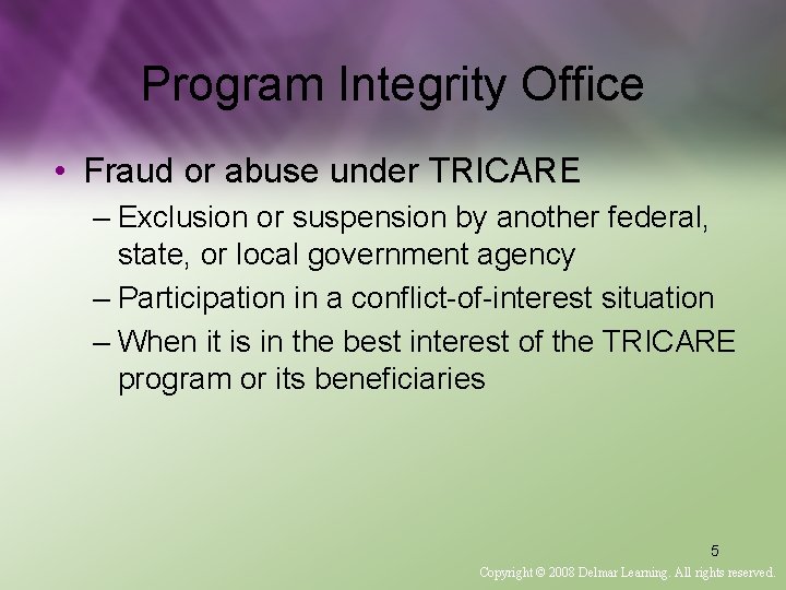 Program Integrity Office • Fraud or abuse under TRICARE – Exclusion or suspension by