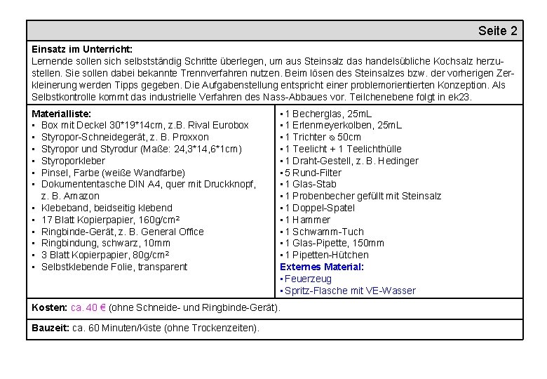 Seite 2 Einsatz im Unterricht: Lernende sollen sich selbstständig Schritte überlegen, um aus Steinsalz