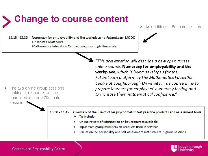 Change to course content An additional 15 minute session The two online group sessions