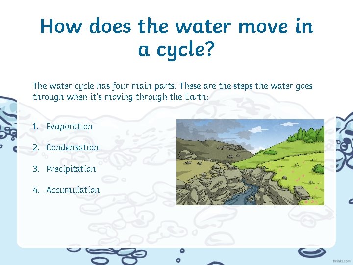 How does the water move in a cycle? The water cycle has four main