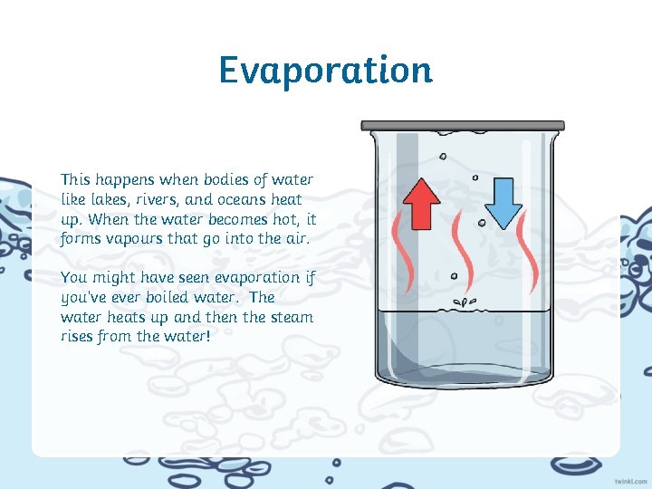 Evaporation This happens when bodies of water like lakes, rivers, and oceans heat up.