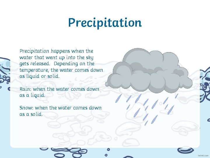 Precipitation happens when the water that went up into the sky gets released. Depending