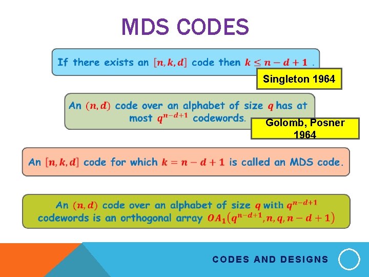 MDS CODES Singleton 1964 Golomb, Posner 1964 CODES AND DESIGNS 