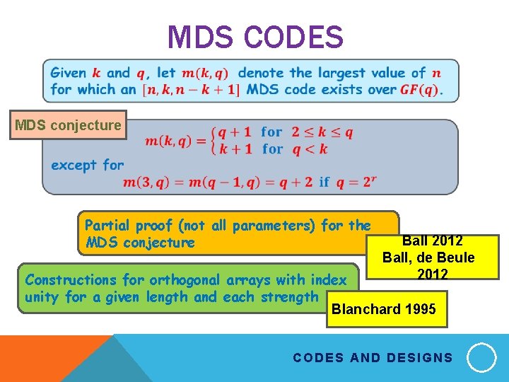 MDS CODES MDS conjecture Partial proof (not all parameters) for the MDS conjecture Ball