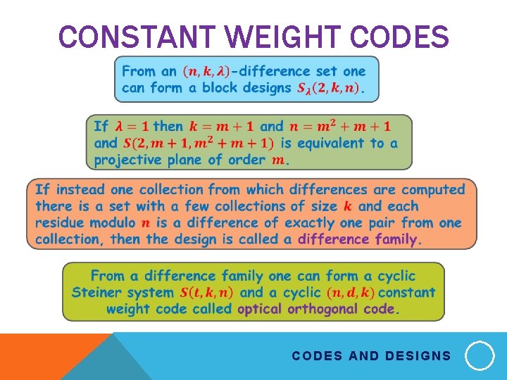 CONSTANT WEIGHT CODES AND DESIGNS 