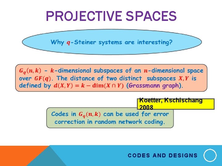 PROJECTIVE SPACES Koetter, Kschischang 2008 CODES AND DESIGNS 