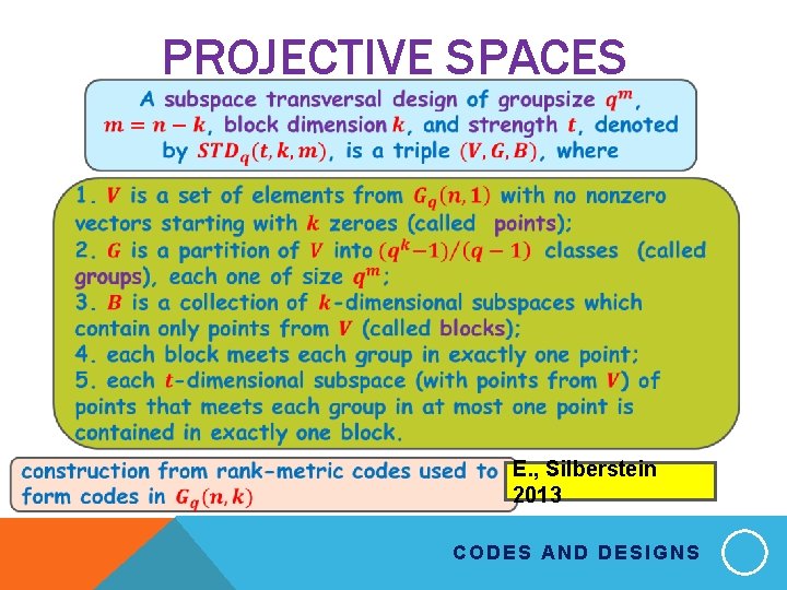 PROJECTIVE SPACES E. , Silberstein 2013 CODES AND DESIGNS 